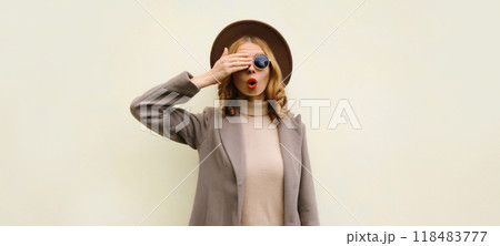 Fashion portrait beautiful happy laughing surprised woman in hat, stylish girl on white background 118483777