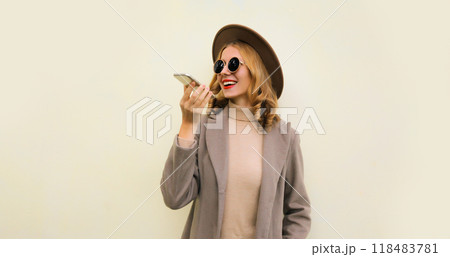 Beautiful happy smiling young woman calling on phone, stylish girl talking on the smartphone Beautiful happy smiling young woman calling on phone, stylish girl talking on the smartphone 118483781