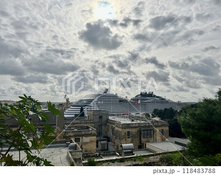 Cruise ship docked in Valletta, Malta. The view of the city of Valletta from the observation deck in Malta 118483788