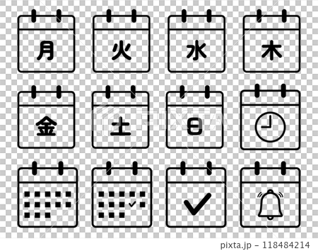 曜日のカレンダーアイコンセット、線幅修正可能 118484214