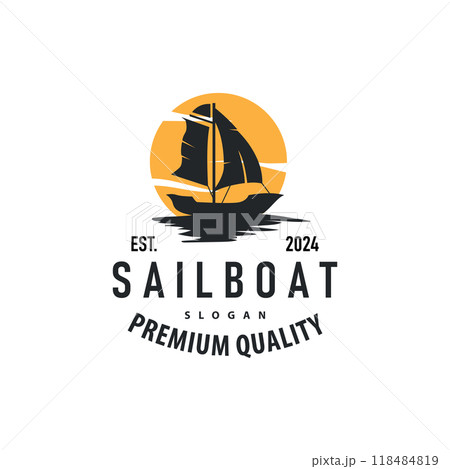 silhouette logo sailboat fishing boat simple flat design minimalist concept illustration template 118484819