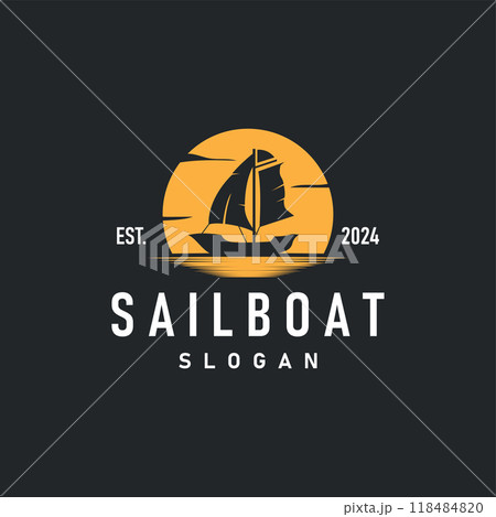 silhouette logo sailboat fishing boat simple flat design minimalist concept illustration template 118484820
