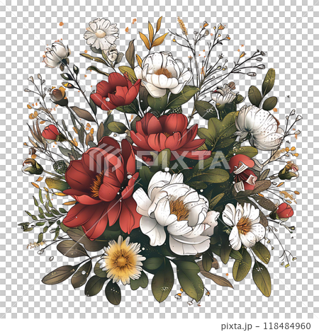 A Beautiful Floral Arrangement Showcasing Stunning Red Flowers Alongside Elegant White Blooms 118484960