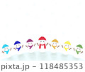 カラフルな7つの雪だるまと雪の結晶のイラスト 118485353