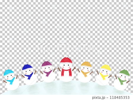 Colorful seven snowmen and snowflakes illustration 118485353