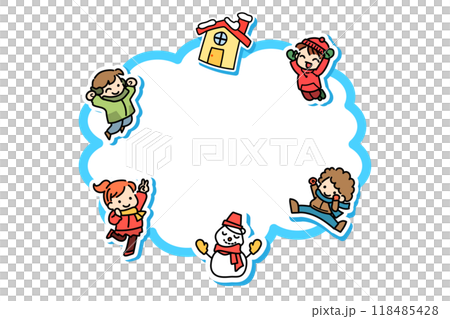 Children jumping winter snow frame winter clothes 118485428