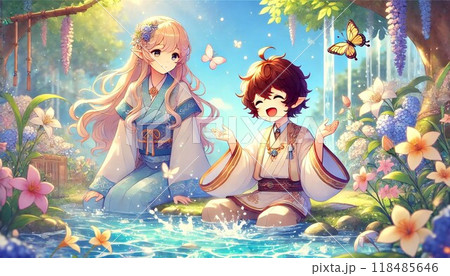 自然豊かな川辺で楽しそうに過ごすエルフの少年と少女 118485646