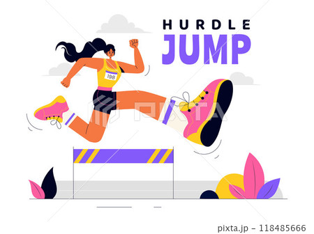 Vector Illustration of an Athlete Running Hurdles and Performing a Long Jump in a Sports Competition with an Obstacle Race in a Flat Background 118485666