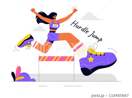 Vector Illustration of an Athlete Running Hurdles and Performing a Long Jump in a Sports Competition with an Obstacle Race in a Flat Background 118485667