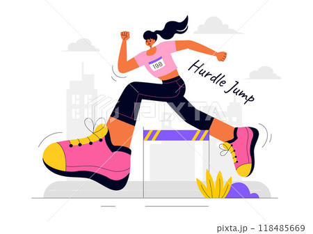 Vector Illustration of an Athlete Running Hurdles and Performing a Long Jump in a Sports Competition with an Obstacle Race in a Flat Background 118485669