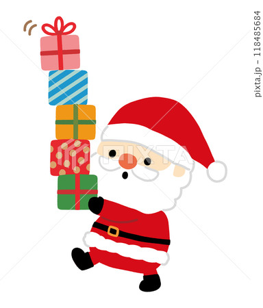 たくさんのプレゼントを運ぶかわいいサンタクロースのイラスト 118485684