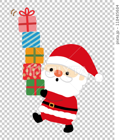 たくさんのプレゼントを運ぶかわいいサンタクロースのイラスト 118485684