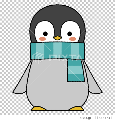 A cute baby emperor penguin wearing a blue striped scarf 118485731