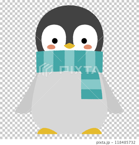 A cute baby emperor penguin wearing a blue striped scarf 118485732