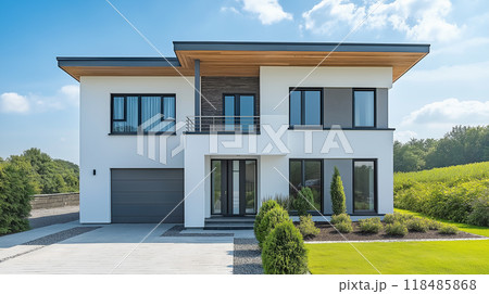 白い壁のおしゃれな新築一戸建て住宅 ワイド11 AI生成画像 白い壁のおしゃれな新築一戸建て住宅 ワイド11 AI生成画像 118485868