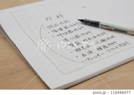 内科の種類を書き出している 原稿用紙に手書きでメモしている 内科の種類を書き出している 原稿用紙に手書きでメモしている 118486077