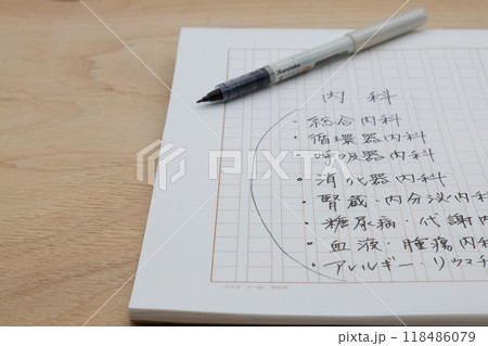内科の種類を書き出している　原稿用紙に手書きでメモしている 118486079