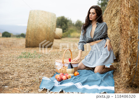 Picnic on farm field - brunette with basket of fruits and bottle of wine near hay bales Picnic on farm field - brunette with basket of fruits and bottle of wine near hay bales 118486320