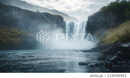 Powerful waterfall cascading down a towering rocky cliff surrounded by lush verdant foliage and swirling mist creating a captivating and serene natural scene 118486981