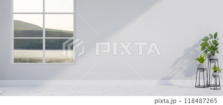 An empty white room features a window with a view, indoor plants, and an open space on a white wall. 118487265