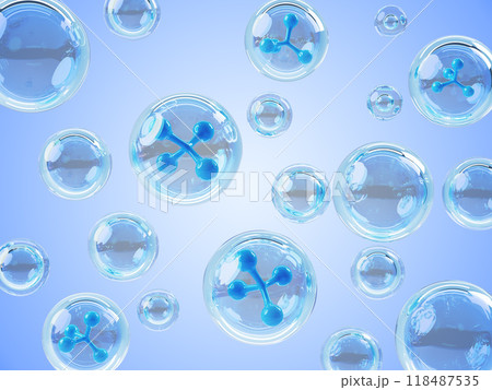 3d blue background with collagen cell pattern, skin care concept. Abstract texture of water molecules, hyaluronic acid or moisture essence bubbles, oil drops, liquid cosmetic product. 3D illustration 118487535