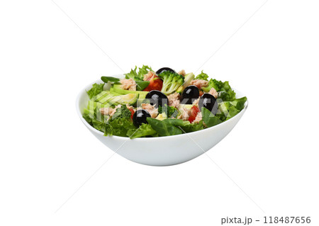 PNG salad with tuna in a ceramic plate, isolated on white background. 118487656