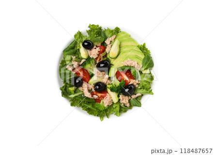 PNG salad with tuna in a ceramic plate, isolated on white background. PNG salad with tuna in a ceramic plate, isolated on white background. 118487657