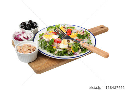 PNG, tuna salad in a plate, with ingredients, isolated on white background. PNG, tuna salad in a plate, with ingredients, isolated on white background. 118487661