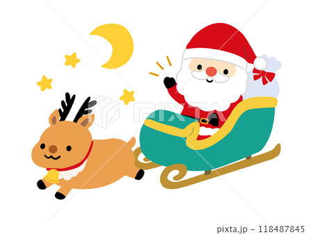ソリにのるサンタクロースとトナカイのイラストのイラスト素材