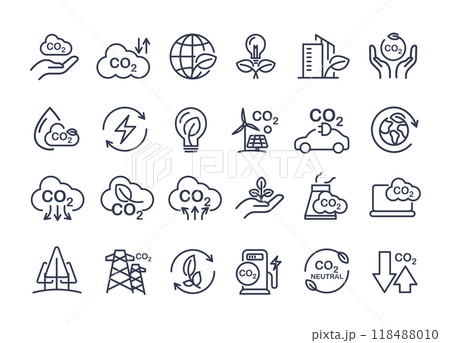 Co2, carbon line icons. contains such icons as tree planting, net zero, and reduced carbon dioxide. sustainable development. concepts and renewable energy businesses. vector design. Co2, carbon line icons. contains such icons as tree planting, net zero, and reduced carbon dioxide. sustainable development. concepts and renewable energy businesses. vector design. 118488010