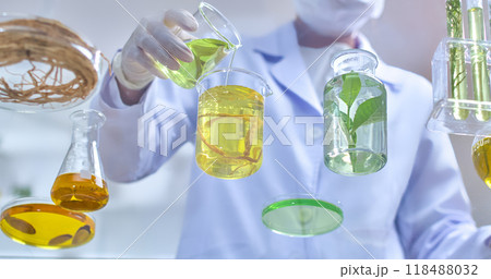 A lab technician pours a vibrant green liquid into a beaker, surrounded by various glass containers, template illustrating the process of experimentation with botanical extracts in laboratory setting A lab technician pours a vibrant green liquid into a beaker, surrounded by various glass containers, template illustrating the process of experimentation with botanical extracts in laboratory setting 118488032