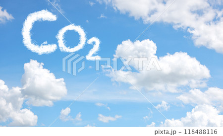 Blue sky with CO2 chemical formula and clouds. carbon dioxide emissions. limit global warming. save our planet, world environment day, world earth day. sustainable development and green business. 118488116