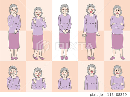 高齢女性_おばあちゃん_表情セット_背景色あり 高齢女性_おばあちゃん_表情セット_背景色あり 118488259