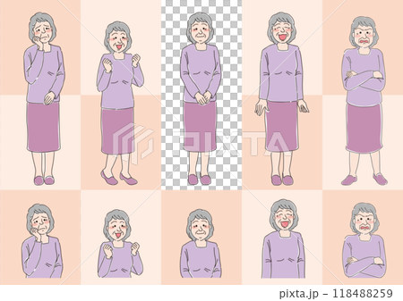 高齢女性_おばあちゃん_表情セット_背景色あり 高齢女性_おばあちゃん_表情セット_背景色あり 118488259