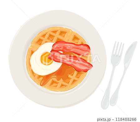 皿に盛り付けられたワッフル 目玉焼き、ベーコン 118488266