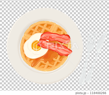 皿に盛り付けられたワッフル 目玉焼き、ベーコン 118488266