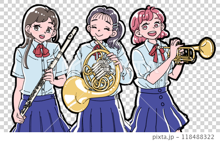 三個微笑的女孩用樂器的插圖 118488322