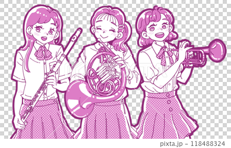 Illustration of three smiling girls holding musical instruments Illustration of three smiling girls holding musical instruments 118488324