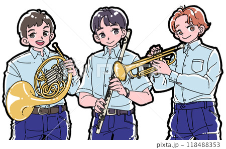 楽器を持つ笑顔の3人の男の子のイラスト 118488353