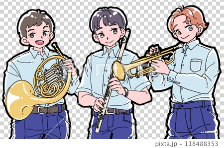 楽器を持つ笑顔の3人の男の子のイラスト 118488353