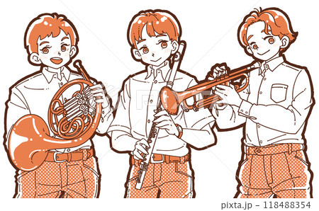 楽器を持つ笑顔の3人の男の子のイラスト 楽器を持つ笑顔の3人の男の子のイラスト 118488354