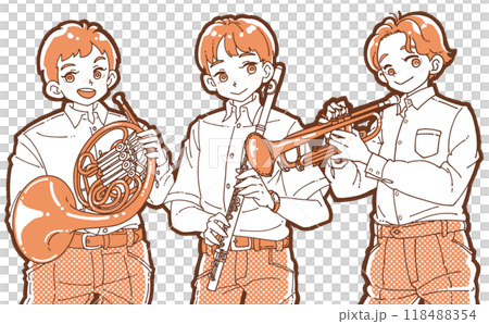 楽器を持つ笑顔の3人の男の子のイラスト 楽器を持つ笑顔の3人の男の子のイラスト 118488354