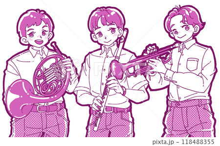 楽器を持つ笑顔の3人の男の子のイラスト 楽器を持つ笑顔の3人の男の子のイラスト 118488355