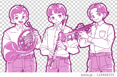 楽器を持つ笑顔の3人の男の子のイラスト 楽器を持つ笑顔の3人の男の子のイラスト 118488355