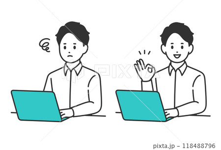 パソコンを見て悩む・OKサインのポーズをする若い男性のセット【人物ベクターイラスト素材】 パソコンを見て悩む・OKサインのポーズをする若い男性のセット【人物ベクターイラスト素材】 118488796