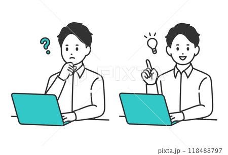 パソコンを見て疑問を持つ･ひらめきのポーズをする若い男性のセット【人物ベクターイラスト素材】 118488797