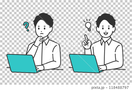 パソコンを見て疑問を持つ･ひらめきのポーズをする若い男性のセット【人物ベクターイラスト素材】 118488797