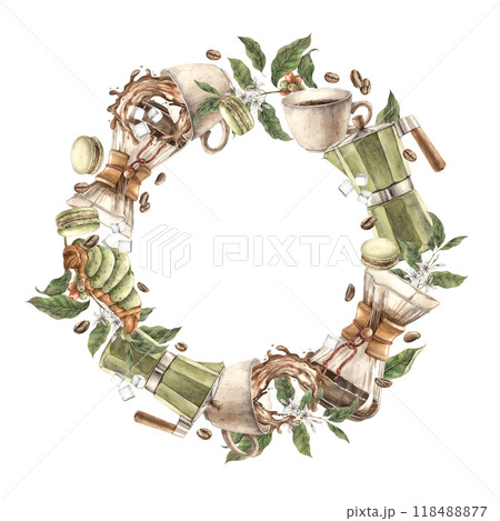 A mug of aromatic coffee, coffee maker, filter, beans with berries and twigs, sweet croissant and macaroons. Watercolor round wreath, for decorating coffee shops, bistros, menus, posters, packaging A mug of aromatic coffee, coffee maker, filter, beans with berries and twigs, sweet croissant and macaroons. Watercolor round wreath, for decorating coffee shops, bistros, menus, posters, packaging 118488877
