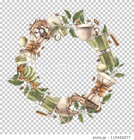 A mug of aromatic coffee, coffee maker, filter, beans with berries and twigs, sweet croissant and macaroons. Watercolor round wreath, for decorating coffee shops, bistros, menus, posters, packaging A mug of aromatic coffee, coffee maker, filter, beans with berries and twigs, sweet croissant and macaroons. Watercolor round wreath, for decorating coffee shops, bistros, menus, posters, packaging 118488877