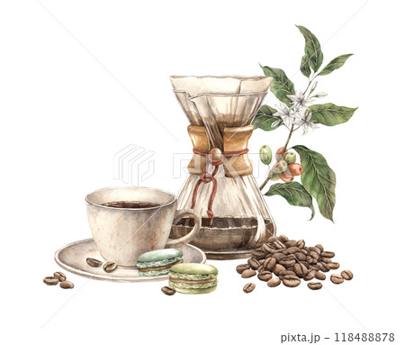 Ceramic cup with coffee filter, pistachio macaroons and roasted beans. Botanical branch of coffee with fruits and flowers. Watercolor composition for decorating shops, cafes, banners, postcards Ceramic cup with coffee filter, pistachio macaroons and roasted beans. Botanical branch of coffee with fruits and flowers. Watercolor composition for decorating shops, cafes, banners, postcards 118488878
